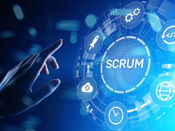 SCRUM, Agile Entwicklungsmethodik, Programmierung und Technologiekonzept für das Anwendungsdesign am virtuellen Bildschirm.